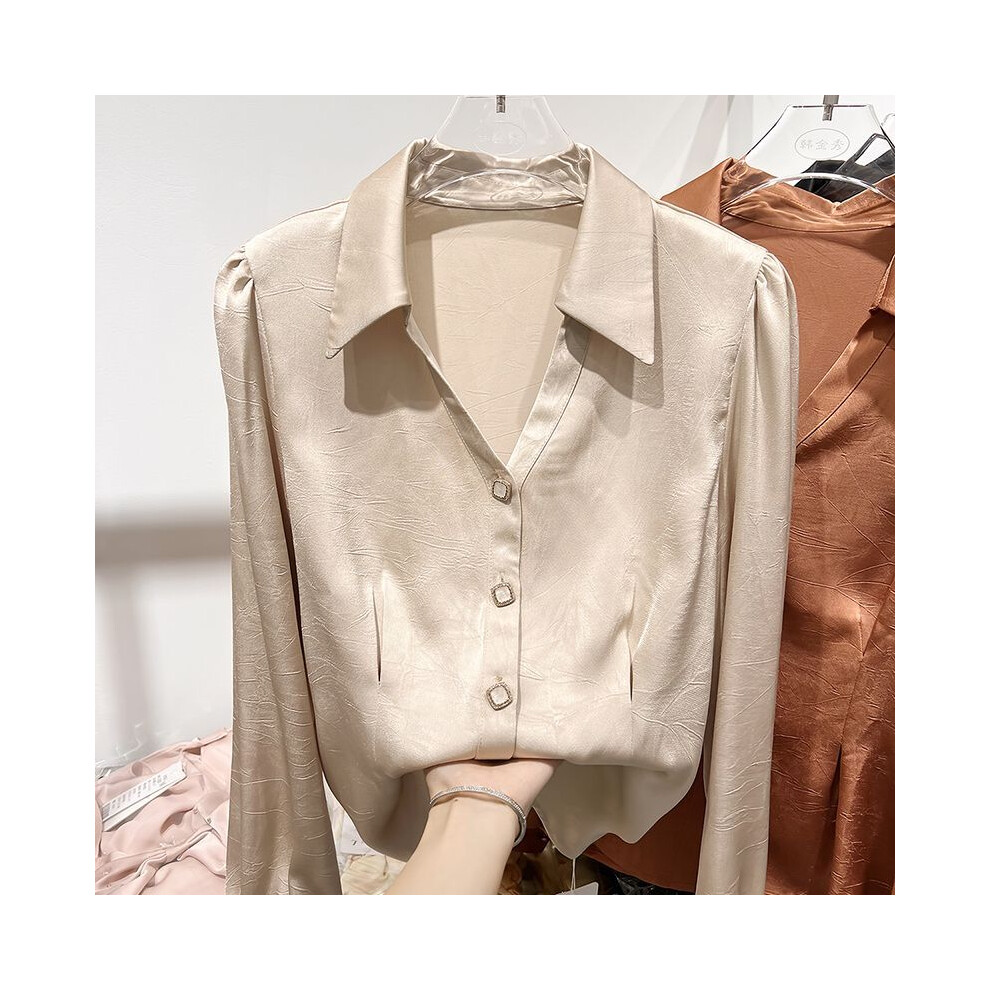 (APRICOT, XXXL) Spring New Temperament Satin Blouse Long Sleeve Fashion Top Tee Ladies Office Lady Buttons Shirts Women Clothing All-match