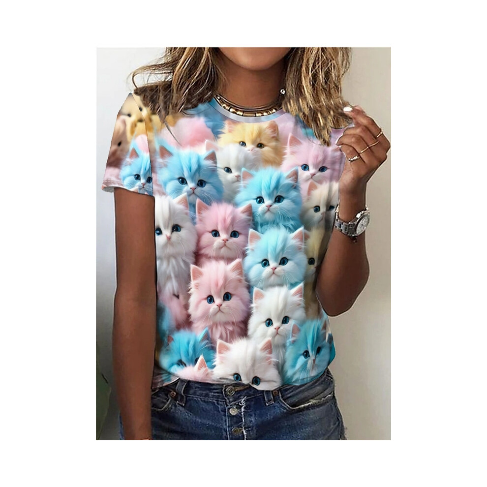 (ETD88B202519126, L) Summer Two Cute Cat 3D Print T-shirts Women Streetwear Casual Fashion Y2k Short Sleeve T Shirt O-neck Tees Tops Clothing