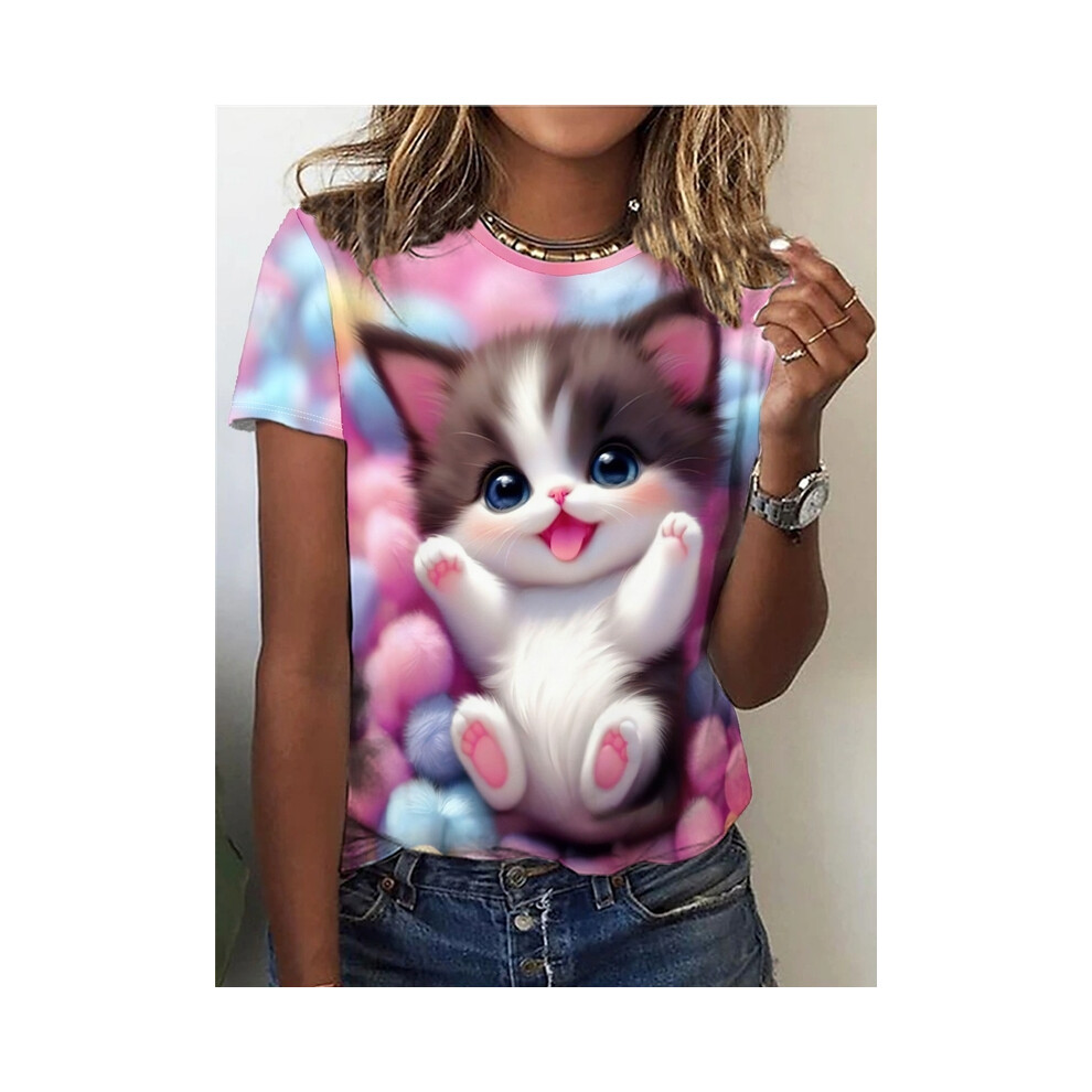 (ETD88B202519128, XXXL) Summer Two Cute Cat 3D Print T-shirts Women Streetwear Casual Fashion Y2k Short Sleeve T Shirt O-neck Tees Tops Clothing