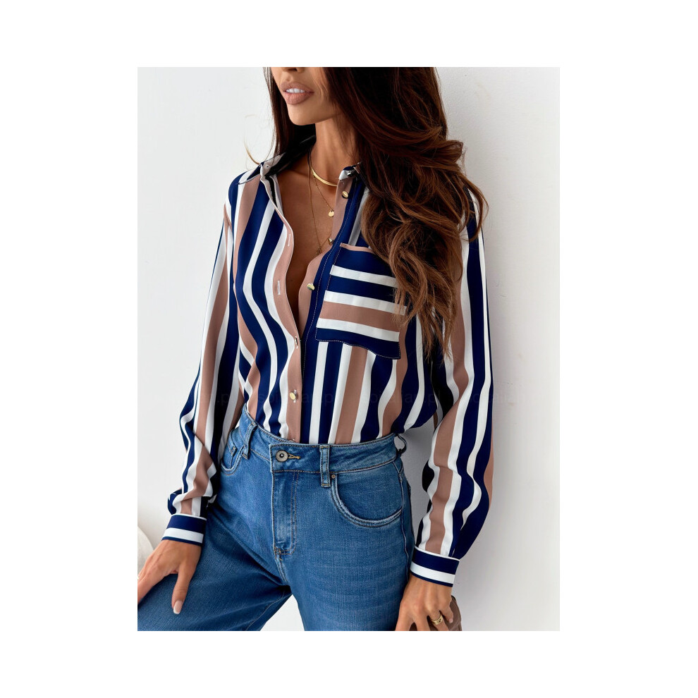 (27, L) Autumn Fashion Long Sleeve Shirt Blouse Women Office Elegant Button Pocket Top Casual Loose Sprited Print Shirts For Women