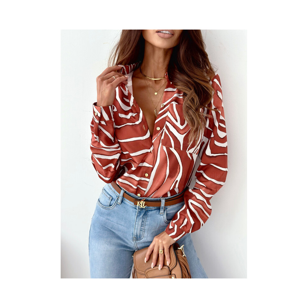 (28, XL) Autumn Fashion Long Sleeve Shirt Blouse Women Office Elegant Button Pocket Top Casual Loose Sprited Print Shirts For Women