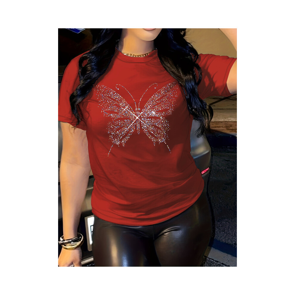 (Red, XL) butterfly print t-shirt, short sleeve crew neck casual top for summer & spring, women's clothing