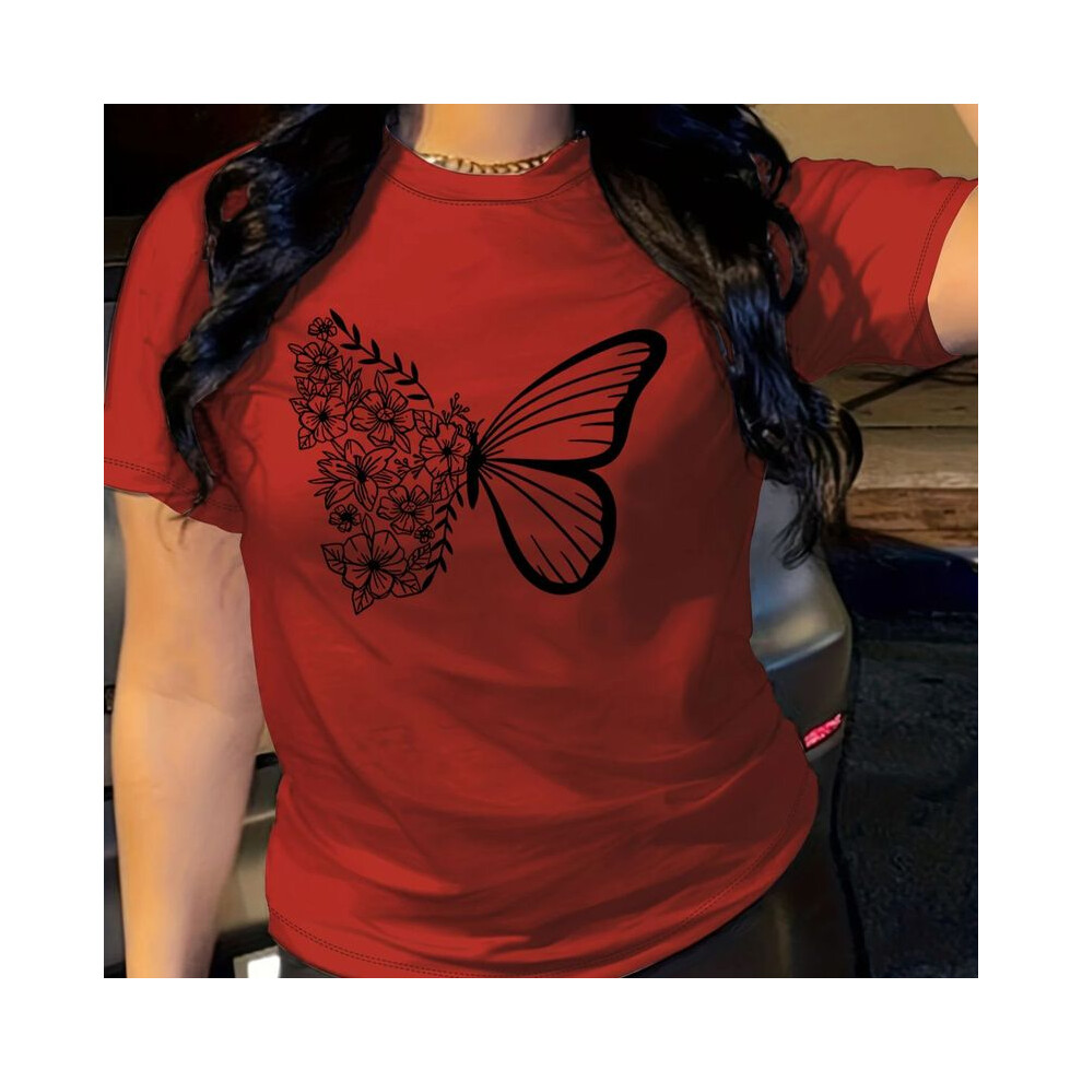 (Red, M) butterfly  print t-shirt, short sleeve crew neck casual top for summer & spring, women's clothing
