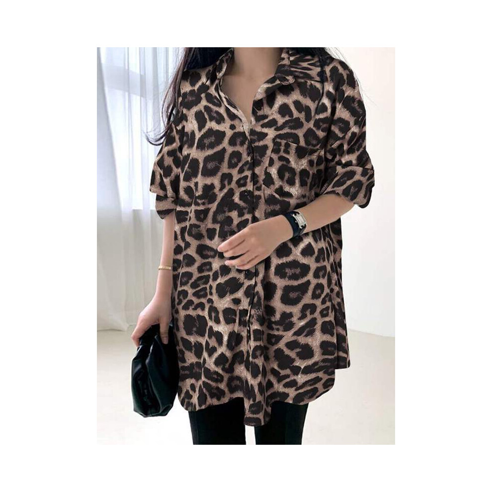 (Khaki, S) Women Bohemian Leopard Print Shirt Vintage Casual Tunic Top Autumn Lapel Neck Long Sleeve Blouse Button Loose Blusas