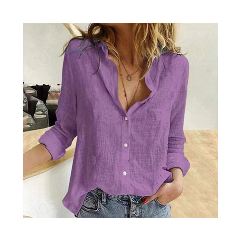 (Purple, M) Over Loose Linen Cotton Blouse Shirts Summer Women Turn Down Collar Long Sleeve Solid Color Ol Button Blouse Tops