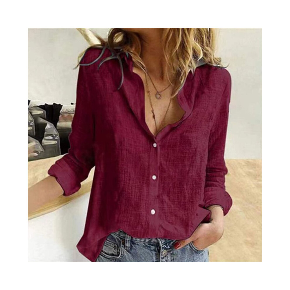 (Red, M) Over Loose Linen Cotton Blouse Shirts Summer Women Turn Down Collar Long Sleeve Solid Color Ol Button Blouse Tops