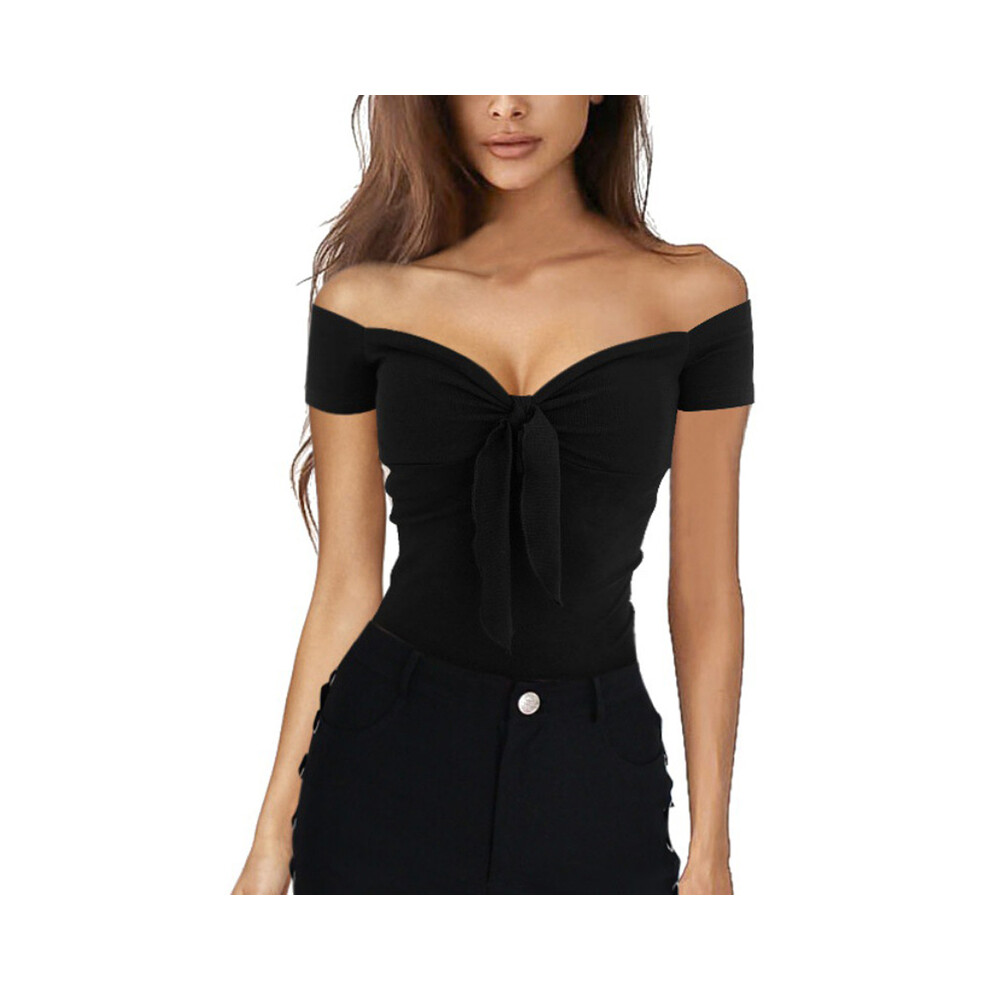 (Black, L) Summer Solid Color Basic Casual Short Sleeve V-neck Off Shoulder Top Sexy Beach Party Slim Fit T-shirts Sweet Style Women's Wear