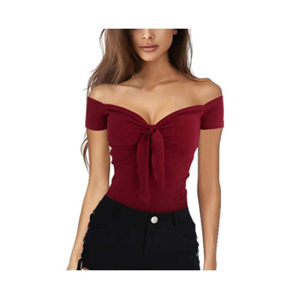 (Wine red, XL) Summer Solid Color Basic Casual Short Sleeve V-neck Off Shoulder Top Sexy Beach Party Slim Fit T-shirts Sweet Style Women's Wear