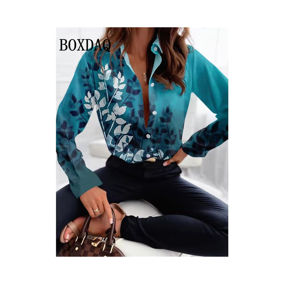 (chen09, L) Fashion Women's Shirt  Plus Size Shirts Casual Loose Long Sleeve Lapel Button Down Shirt Women's Elegant Printed New Blouses