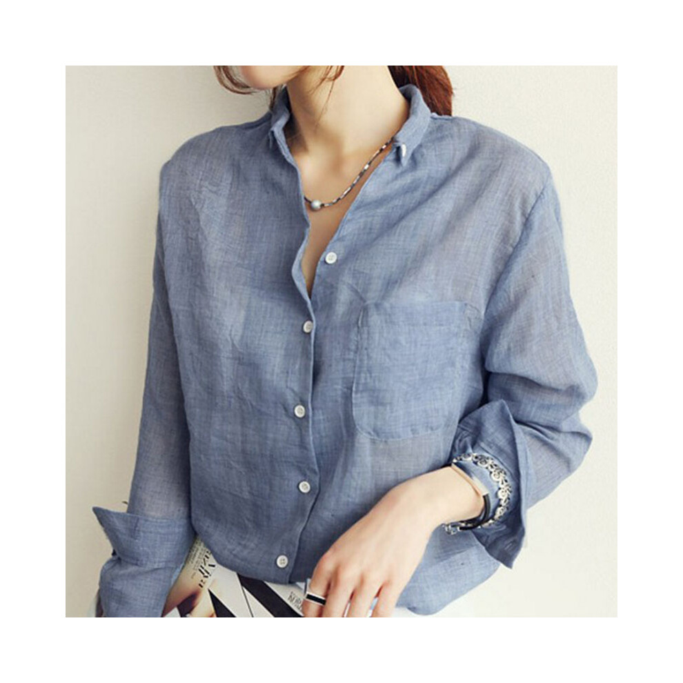 (Blue, S) Women Autumn Korean Harjauku Solid Cotton and Linen Blouse Vintage Solid Thin Loose Shirt 2022 Casual Long Sleeve Korean Tops