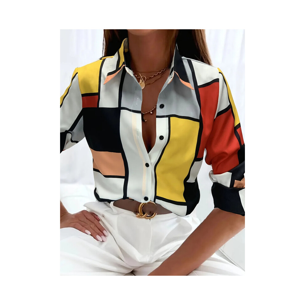 (B25SLJ2482115481, L) Women's Long Sleeve Button Up Shirt - Multicolor Checkered Print Elegant Casual Tops, Street Style Daily Wear Breathable Blouses