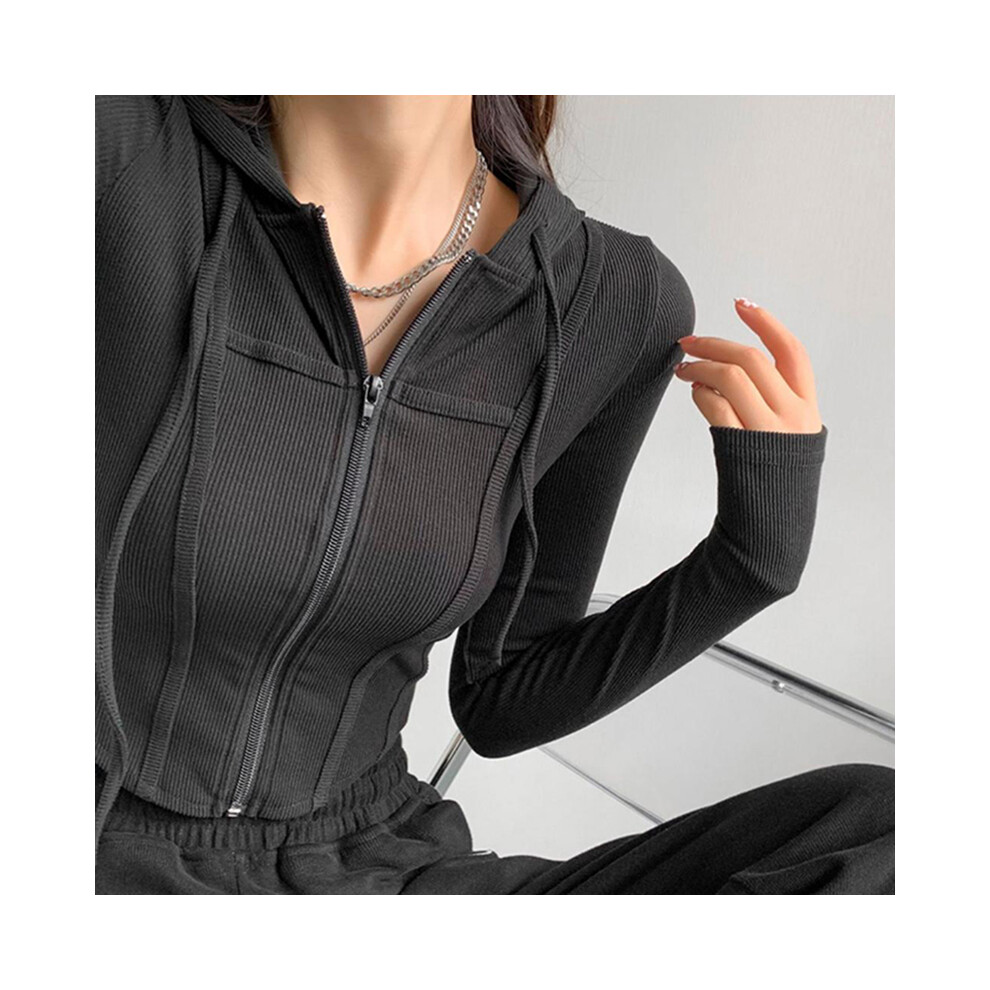 (black, L) Thin Hooded Cardigan Women Korean Vintage Slim Summer Solid Sports Jacket Vertical Pit Stripe Zipper Female Sexy Cropped Tops