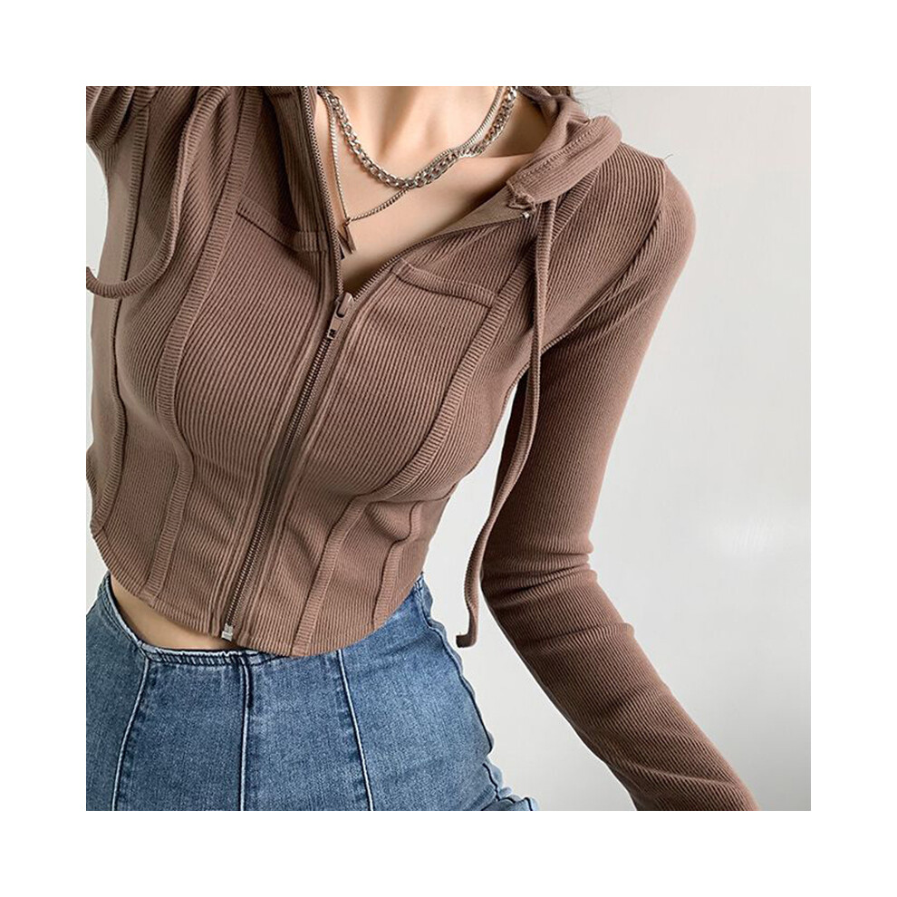 (Coffee, M) Thin Hooded Cardigan Women Korean Vintage Slim Summer Solid Sports Jacket Vertical Pit Stripe Zipper Female Sexy Cropped Tops