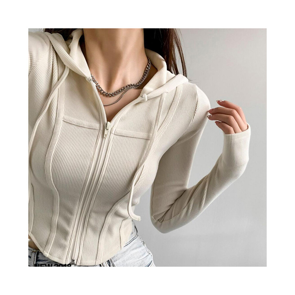 (WHITE, M) Thin Hooded Cardigan Women Korean Vintage Slim Summer Solid Sports Jacket Vertical Pit Stripe Zipper Female Sexy Cropped Tops