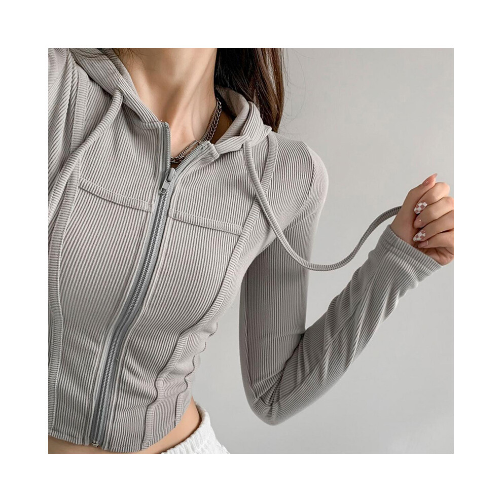 (GRAY, S) Thin Hooded Cardigan Women Korean Vintage Slim Summer Solid Sports Jacket Vertical Pit Stripe Zipper Female Sexy Cropped Tops
