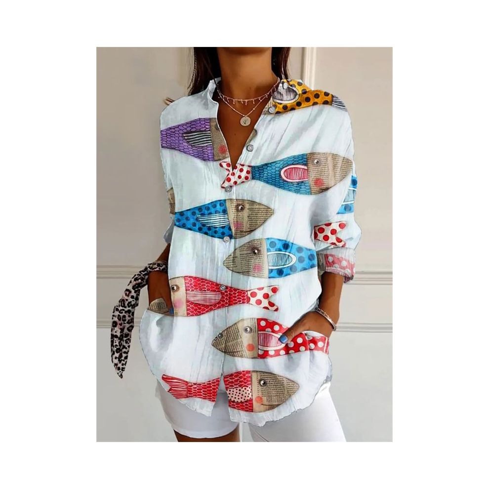 (LD3719, XL) Fashion shirt 3D printing HD fish pattern shirt daily casual shirt soft fabric fitness walking casual women fashion tops