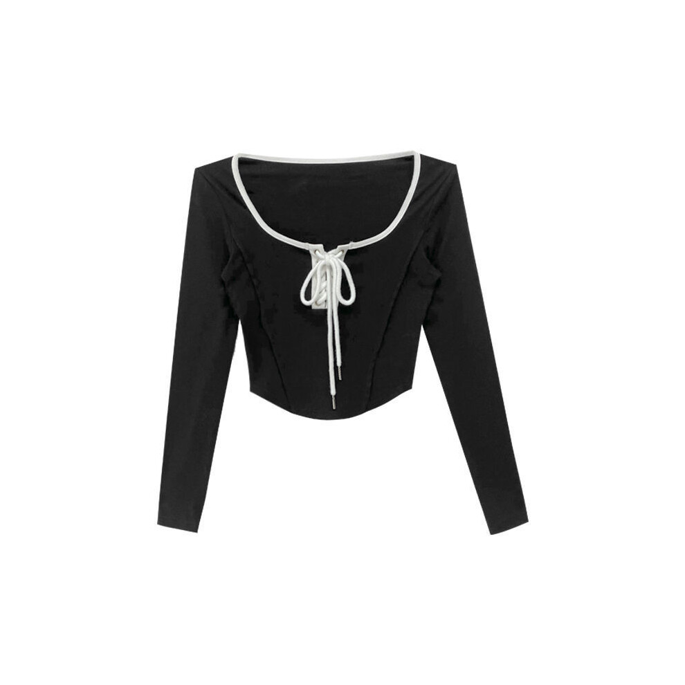 (black, L) Fashionable Sexy Lacing Crop Top Women Clothes Bodycon Bottoming Shirt Interior Lapping Spring Simplicity Trend Patchwork Tops