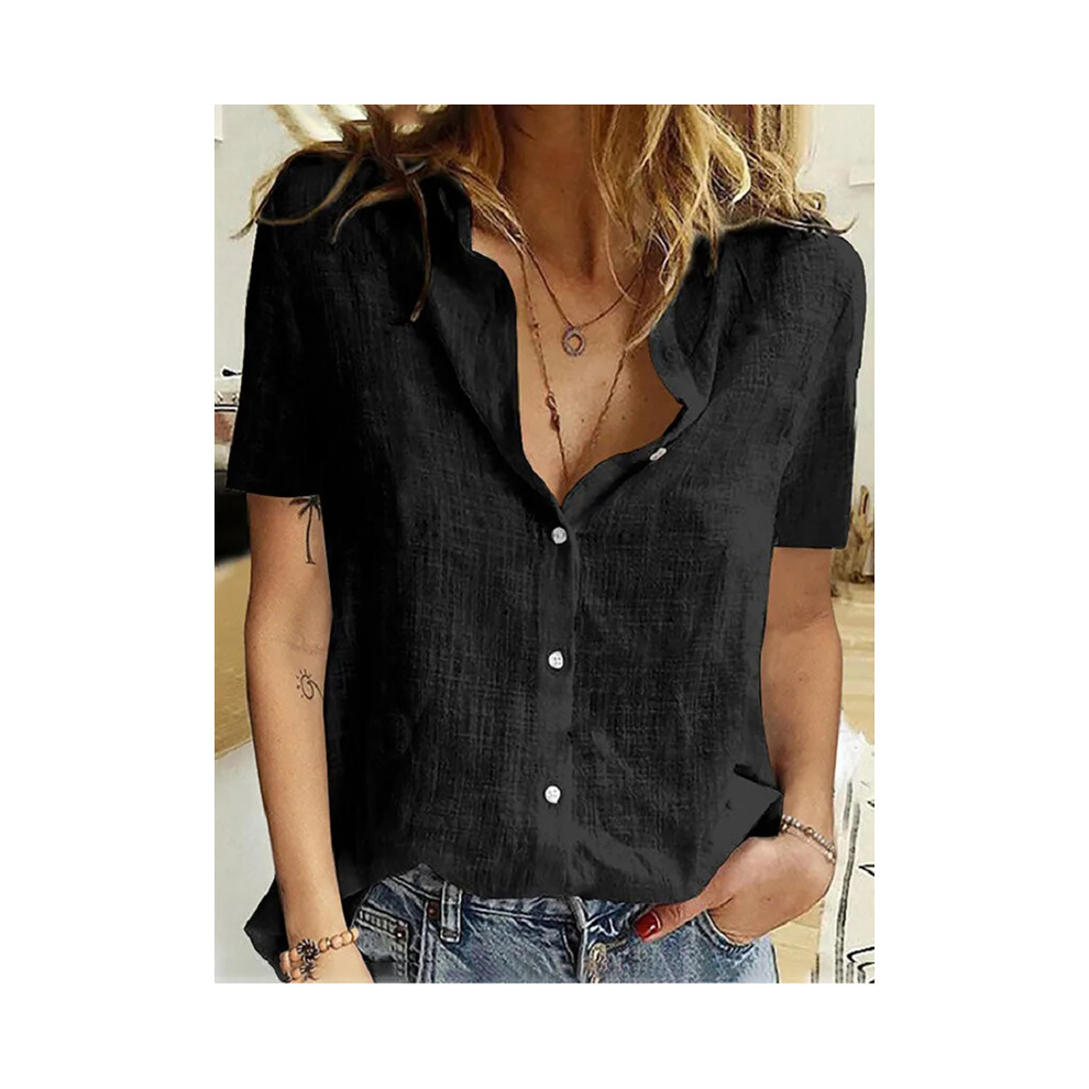 (black, 4XL) Casual Summer Short Sleeve Solid Loose Shirts Women Elegant Vintage Harajuku Cotton and Linen Blouses and Tops Oversized Tunic