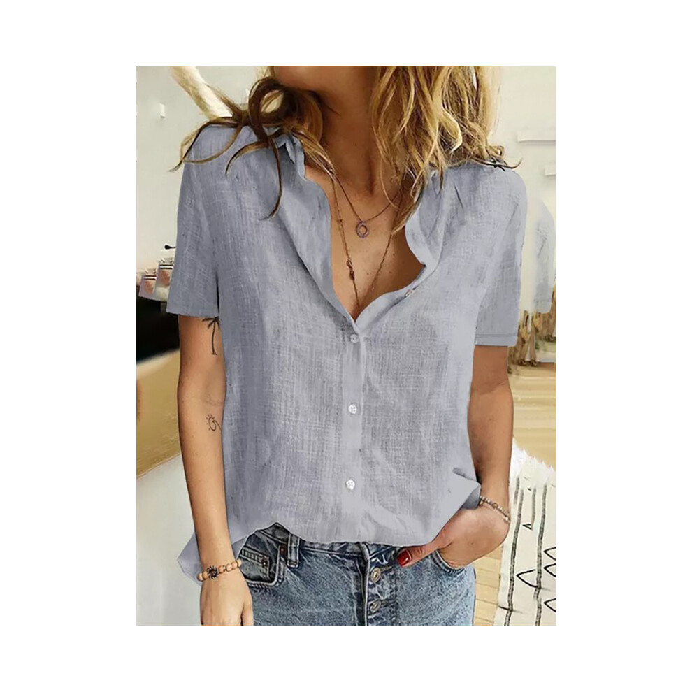 (GRAY, XXL) Casual Summer Short Sleeve Solid Loose Shirts Women Elegant Vintage Harajuku Cotton and Linen Blouses and Tops Oversized Tunic