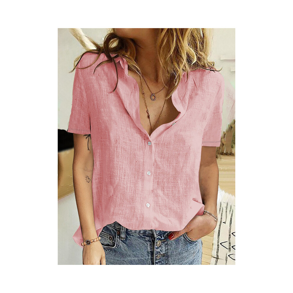(Pink, XL) Casual Summer Short Sleeve Solid Loose Shirts Women Elegant Vintage Harajuku Cotton and Linen Blouses and Tops Oversized Tunic
