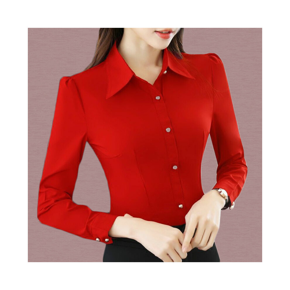 Maxpower (2033Red, 5XL) White Shirt Women Chiffon Dress Shirt Long Sleeve Blouses Slim Women Tops Ol Korean Fashion Women Shirts Autumn Working Clothes
