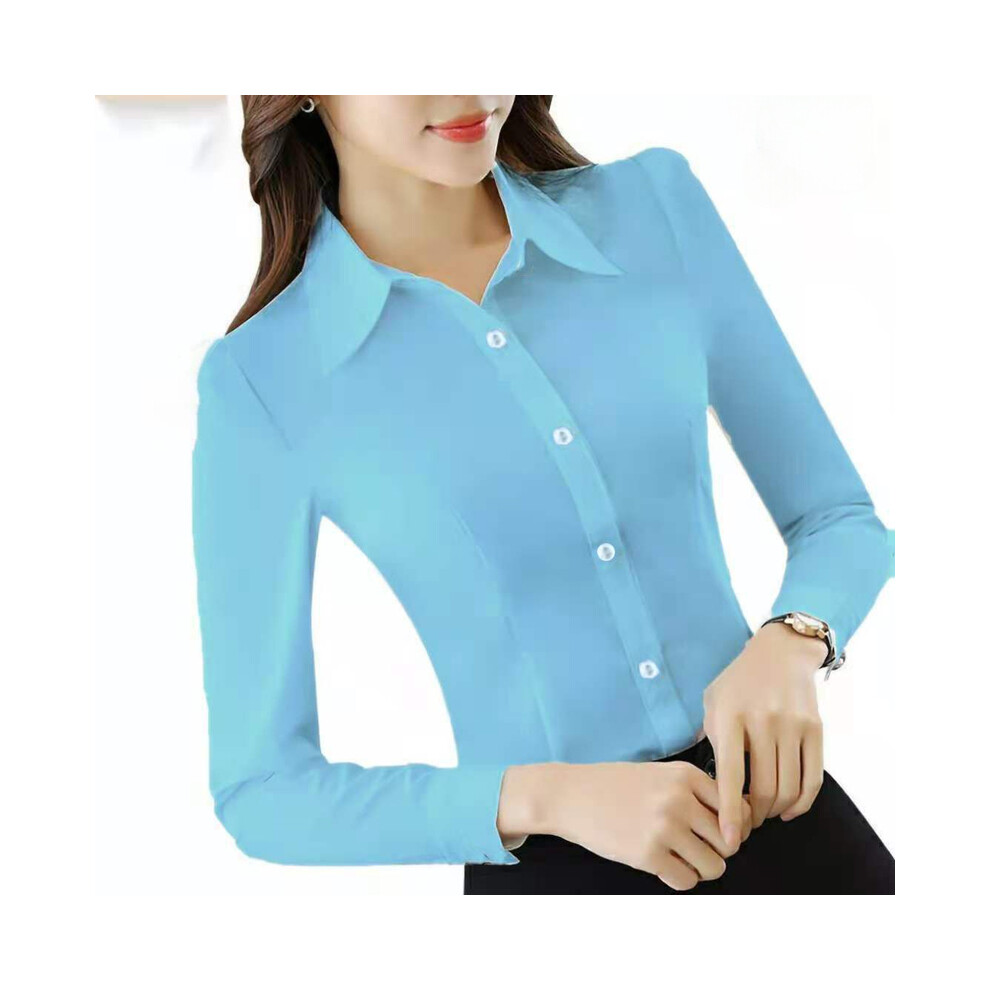 (2033Skyblue, XXXL) White Shirt Women Chiffon Dress Shirt Long Sleeve Blouses Slim Women Tops OL Korean Fashion Women Shirts Autumn Working Clothes