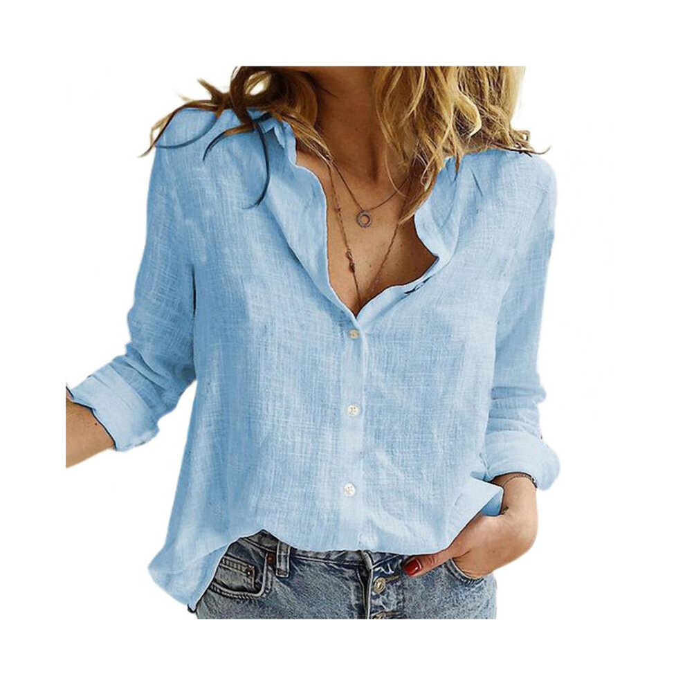(Blue, L) Women Shirt Solid Color Single-breasted Spring Shirts Button Lapel Cardigan Lady Loose Long Sleeve Oversized Shirt Womens Blouse