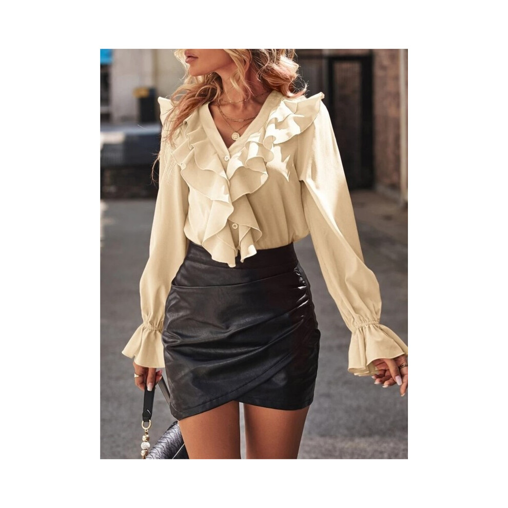 (Beige, L) Autumn New V-neck Ruffled Elegant Shirt For Women Long Sleeve Solid Color Button Blouses And Tops New Casual Office Lady Shirts