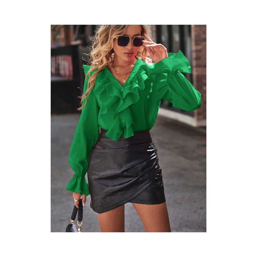 (green, XL) Autumn New V-neck Ruffled Elegant Shirt For Women Long Sleeve Solid Color Button Blouses And Tops New Casual Office Lady Shirts