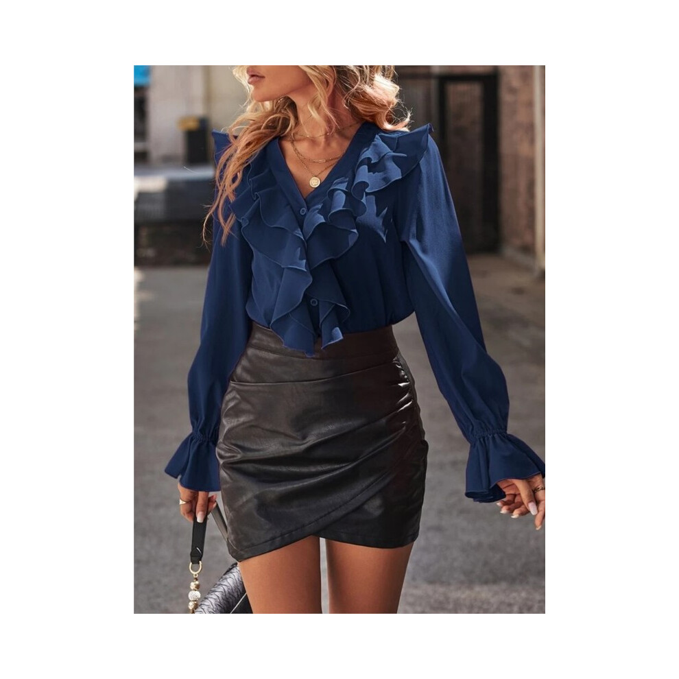 (Navy Blue, M) Autumn New V-neck Ruffled Elegant Shirt For Women Long Sleeve Solid Color Button Blouses And Tops New Casual Office Lady Shirts