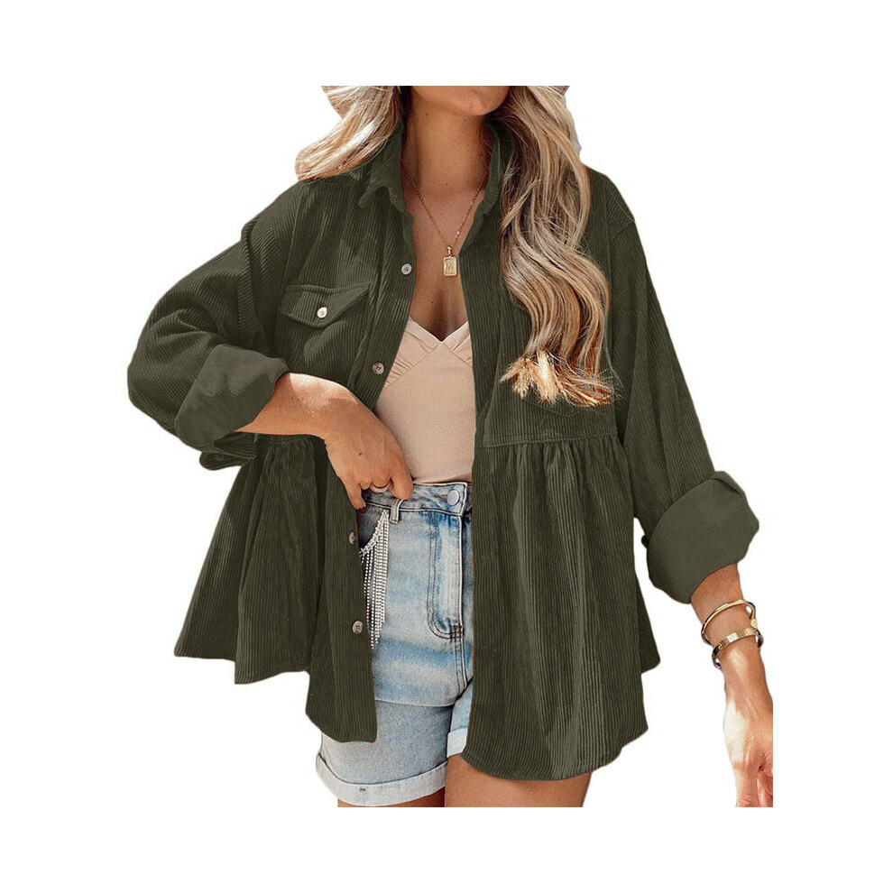 (L, ArmyGreen) New Women's Long Sleeved Corduroy Ruffle Edge Shirt Top Button Up Shirt for Women