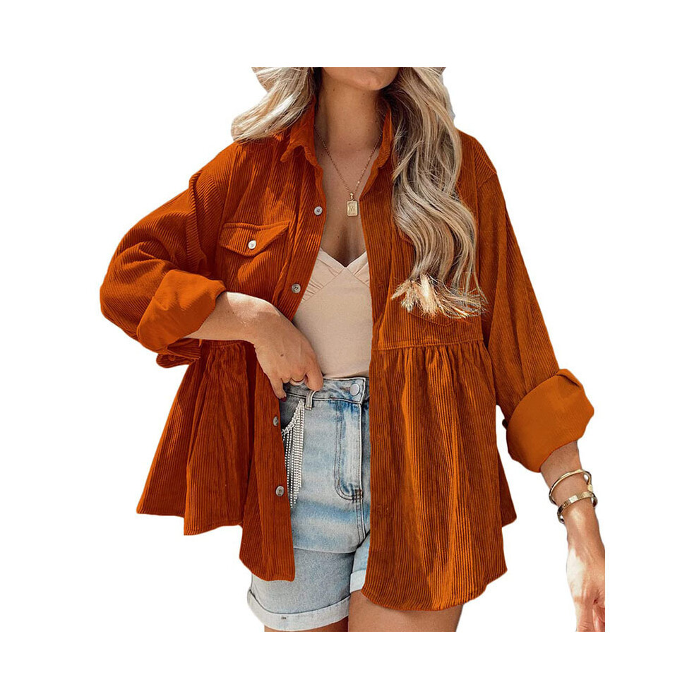 (XL, orange color) New Women's Long Sleeved Corduroy Ruffle Edge Shirt Top Button Up Shirt for Women
