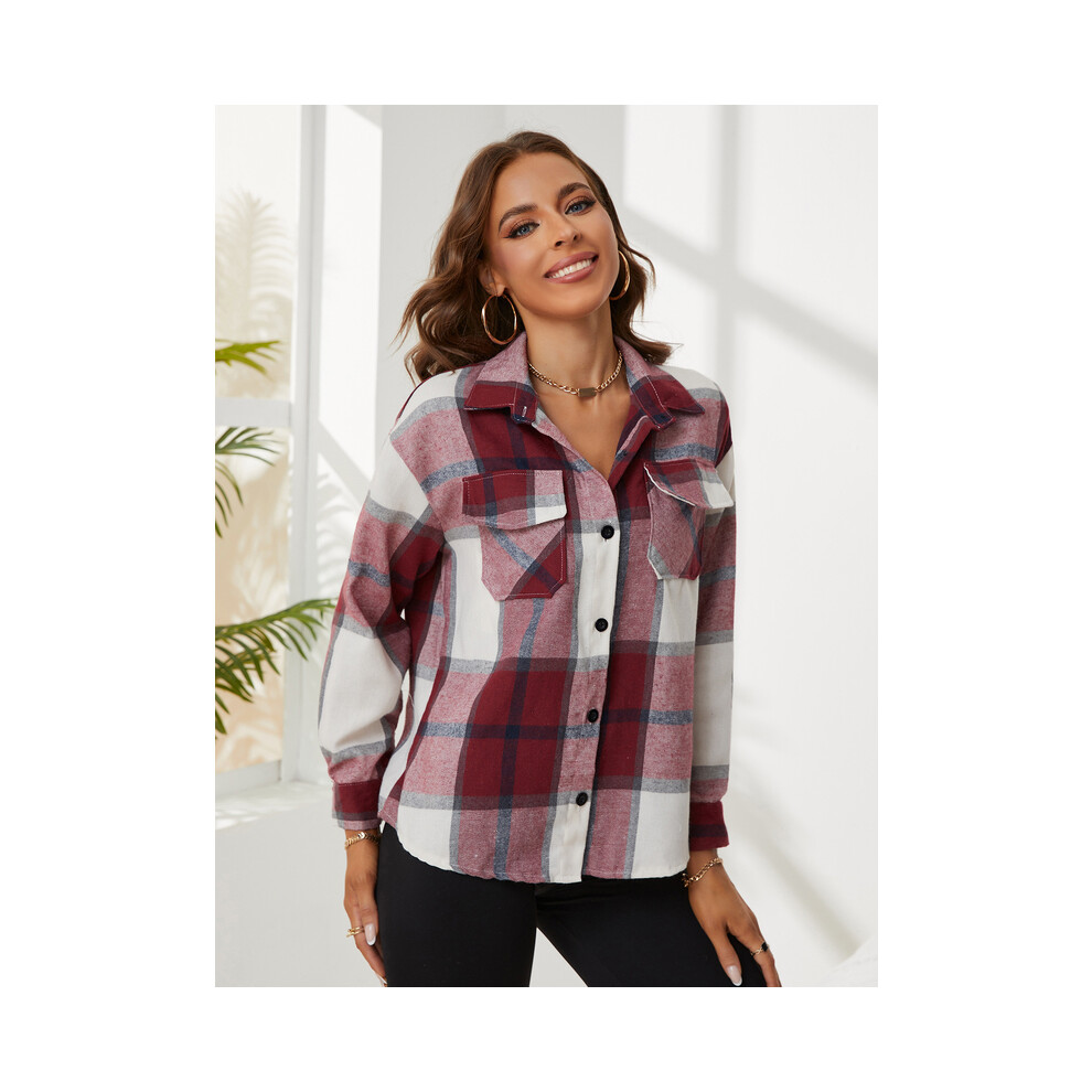 Maxpower (, L) New Lapel Plaid Women‘s Shirts Spring Autumn Single Breasted Brushed Long Sleeve Blouses Streetwear Girls Red