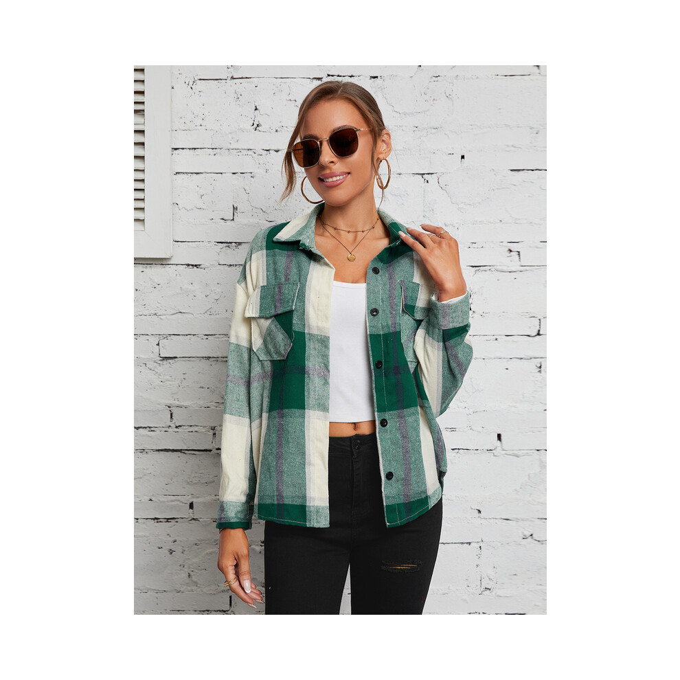 (green, L) New Lapel Plaid Women‘s Shirts Spring Autumn Single Breasted Brushed Long Sleeve Blouses Streetwear Girls