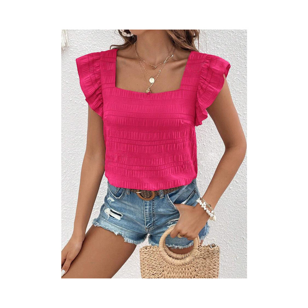 (JTM0155 Rose Red, XXL) Solid Color Casual Blouses For Women Fashion  Summer Fashion Women's Shirts Elegant Sweet Loose Ruffles Sleeve Female Tops