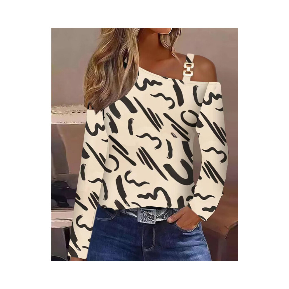 (ST23161 Apricot Hua, L) Women Fashion Long Sleeve Blouse Off Shoulder Sexy Shirts For Women Autumn Loose Pullover Elegant Blouse  Casual White Tops