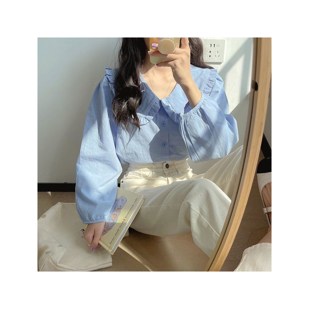 (blue, XL) Solid Simple Blouse for Women Korean Chic Trendy Single-Breasted Ruffles Shirt Casual Sweet Big Turndown Collar Student Shirts