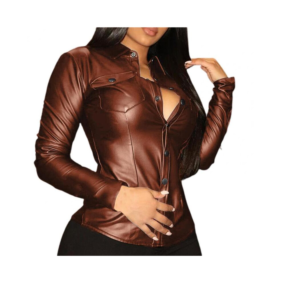 (Brown, M) 1Pc Stylish Women Top Turndown Collar Solid Color with Pockets Women Shirt Slim Faux Leather Cool V Neck Blouse for Daily Wear