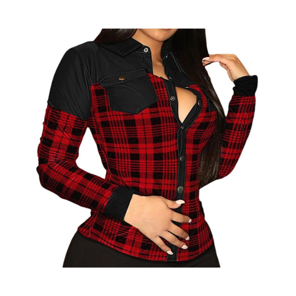 (Red, S) 1Pc Stylish Women Top Turndown Collar Solid Color with Pockets Women Shirt Slim Faux Leather Cool V Neck Blouse for Daily Wear