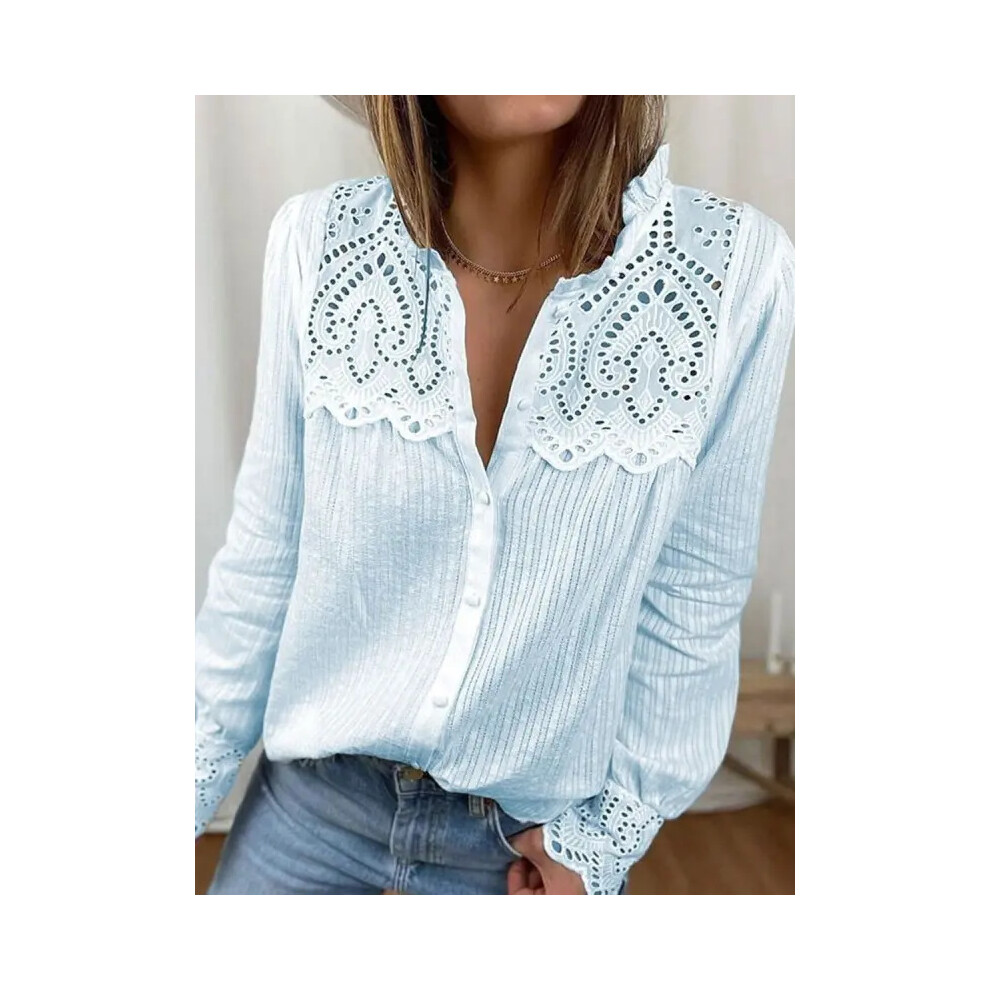 (blue, S) Summer White Shirts For Top Black Loose Blouse Korean Style Casual Button Tops Woman Fashion Lace Shirt Long Sleeve