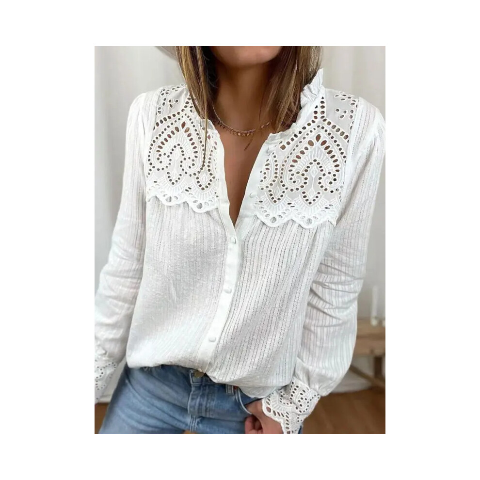 (white, M) Summer White Shirts For Top Black Loose Blouse Korean Style Casual Button Tops Woman Fashion Lace Shirt Long Sleeve
