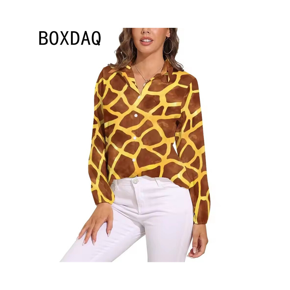 (CXCY-117, L) 3D Giraffe Skin Print Blouse Spring Long Sleeve Casual Blouses Woman Simple Modern Art Street Fashion Oversize Shirt Blouse
