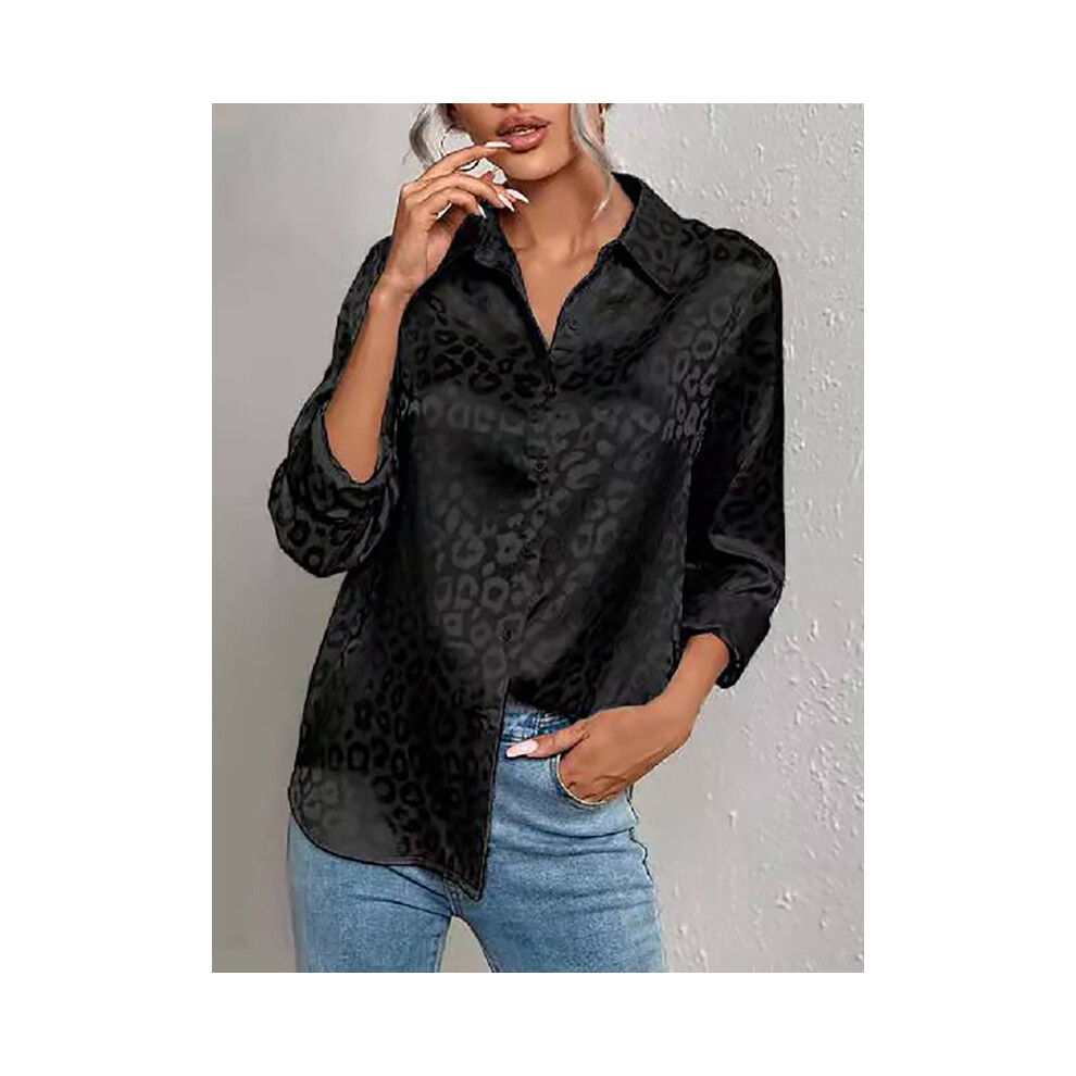 (black, L) Women Leopard Print Luxury Blouse Spring Summer Long Sleeve Lapen Vintage Button Up Shirt Office Lady Satin Tunics Harajuku Top