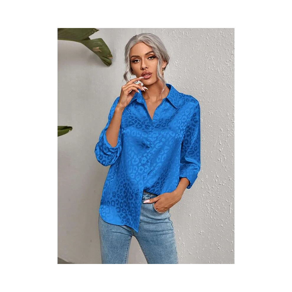 (ROYAL BLUE, S) Women Leopard Print Luxury Blouse Spring Summer Long Sleeve Lapen Vintage Button Up Shirt Office Lady Satin Tunics Harajuku Top