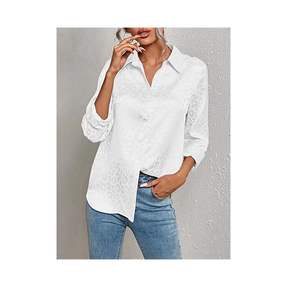 (WHITE, M) Women Leopard Print Luxury Blouse Spring Summer Long Sleeve Lapen Vintage Button Up Shirt Office Lady Satin Tunics Harajuku Top