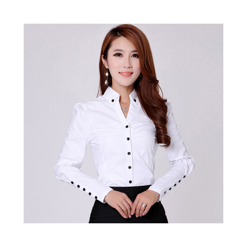 (WHITE, XXL(60-65)KG) Spring And Autumn New Women'S Long Sleeve Work Suit White Shirt Korean V-Neck Professional Dress Temperament Versatile Shirt