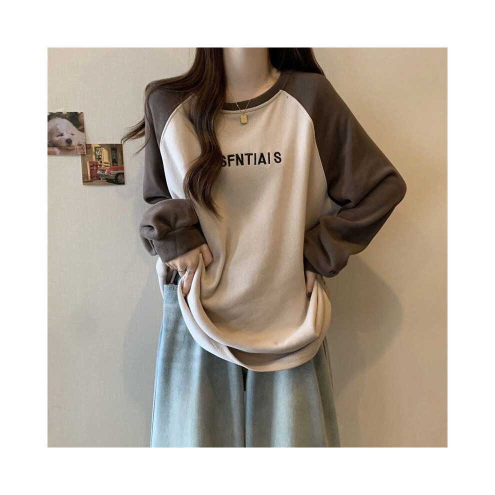 (APRICOT, XXXL) Spring Autumn New Patchwork Contrast Letter Printing Tops Long Sleeve O-neck Loose Casual T Shirts Fashion Vintage Women Clothes