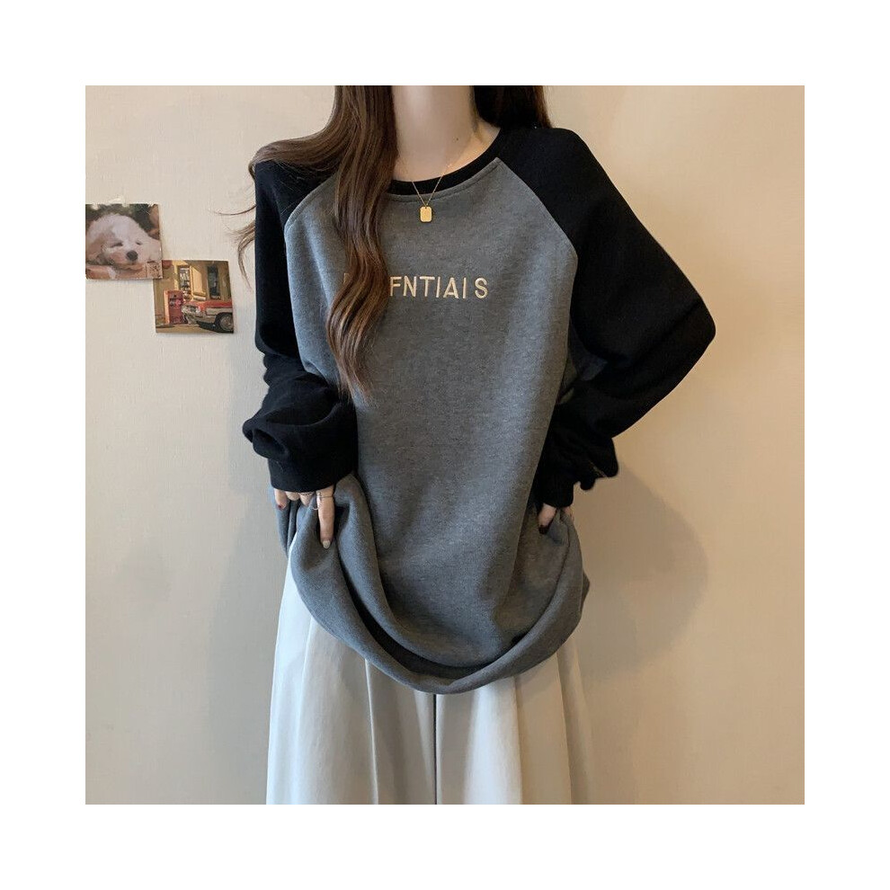 (GRAY, L) Spring Autumn New Patchwork Contrast Letter Printing Tops Long Sleeve O-neck Loose Casual T Shirts Fashion Vintage Women Clothes
