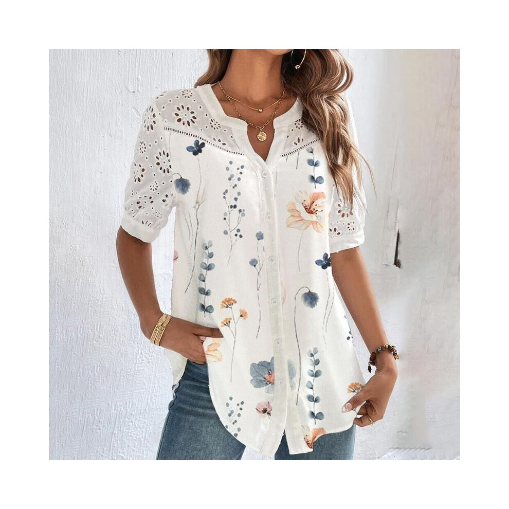 Maxpower (Beige, Xxxl) Temperament Casual Lace Woman Shirt Fashion Loose Shirt Woman Elegant Short Sleeve Blouse Holiday Weekend