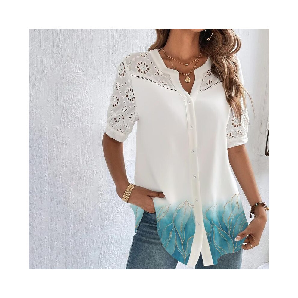 Maxpower (Blue, S) Temperament Casual Lace Woman Shirt Fashion Loose Shirt Woman Elegant Short Sleeve Blouse Holiday Weekend